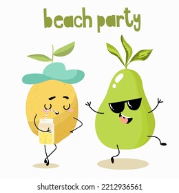 Vector illustration of funny characters, cartoons, lemon in a hat drinks a cocktail, juice, smoothie, fresh, pear joyful in glasses, funny fruits, summer vibes, beach party.