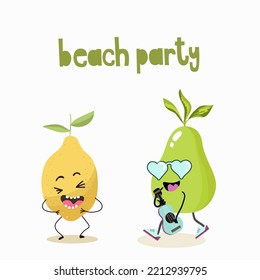 Ilustración vectorial de personajes divertidos, caricaturas, risas de limón, guitarra de pera, ukulele de fruta divertida, vibraciones de verano, fiesta en la playa.