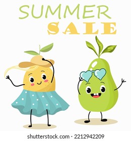 Vector illustration of funny characters, cartoons, lemon girl in skirt and hat, pear, funny fruits, summer vibes, at the beach party, summer sale.