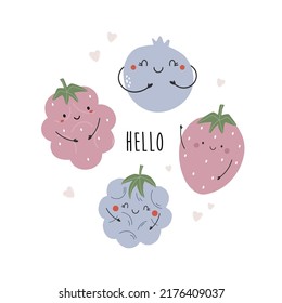 Vector illustration with funny characters strawberry, blueberry, raspberry, blackberry. Berries poster design