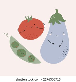 Ilustración vectorial con personajes divertidos tomate, guisante y berenjena. Diseño de afiches vegetales