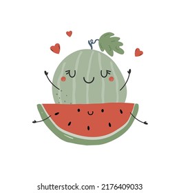Vector illustration with funny cheerful characters watermelons. Fruit poster design