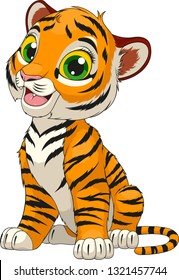 Vector illustration of an funny cheerful tigre sitting sits over white background