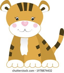 Vector illustration of an funny cheerful tigre sitting sits over white background. Element for print, postcard and decor. Vector illustration