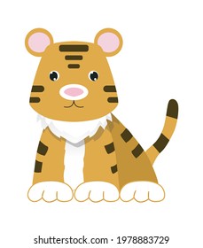 Vector illustration of an funny cheerful tigre sitting sits over white background. Element for print, postcard and decor. Vector illustration