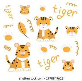 Vector illustration of an funny cheerful tigre sitting sits over white background. Element for print, postcard and decor. Vector illustration. Wrapping paper, textile, background fill