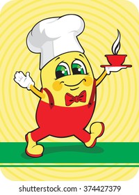 Vector illustration of funny chef character with a tray and hot food