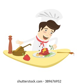 Vector illustration Funny chef cooking meat dish in the kitchen