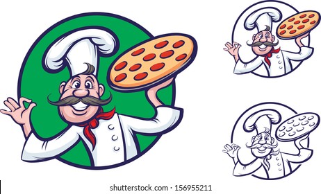 Vector illustration of funny chef with large pizza. Easy-edit layered vector EPS10 file scalable to any size without quality loss. High resolution raster JPG file is included.