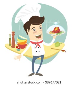 Vector illustration Funny chef presenting meat dish in the kitchen