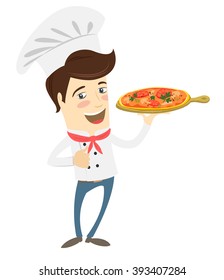 Vector illustration Funny chef serving pizza dish in the kitchen
