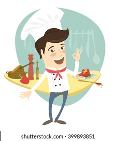 Vector illustration Funny chef standing in the kitchen showing OK-sign