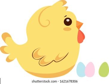 Vector illustration of funny chicken with easter eggs