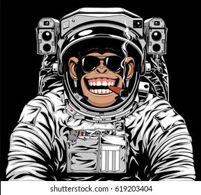 Vector Illustration Of A Funny Chimpanzee In An Astronaut's Suit, Smoking A Cigar

