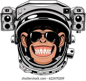 Ilustración vectorial de un chimpancé gracioso en un traje de astronauta, fumando un cigarro