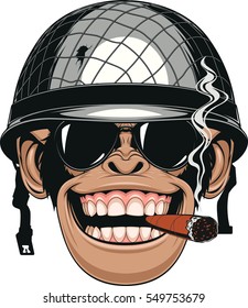 Vector illustration of funny chimpanzee monkey in a soldier's helmet smokes a cigar