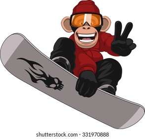 Vector illustration, funny chimpanzee snowboarder on a white background