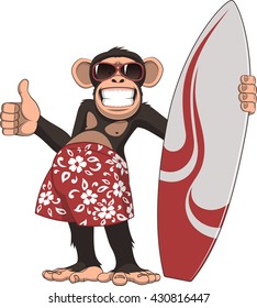 Vector illustration, of funny chimpanzee surfer, on a white background
