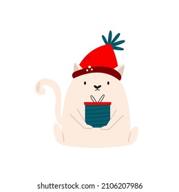Vector illustration of a funny Christmas cat, kitten sitting in a Santa hat holding gift