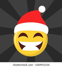 Vector illustration of funny christmas emoji. Festive face with red Santa hats and xmas element. Esolated emoticon for online chat