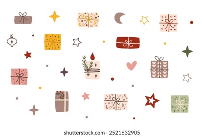 Vector illustration of funny Christmas gnomes, trees, gifts, candles. Set, set of Christmas elements