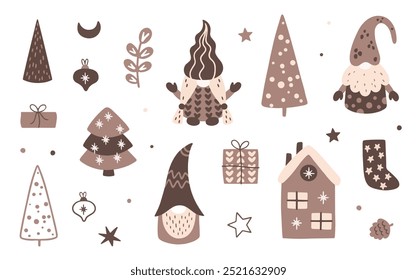 Vector illustration of funny Christmas gnomes, trees, gifts, candles. Set, set of Christmas elements