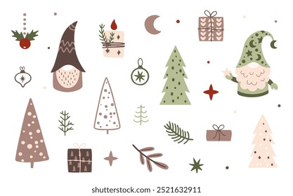 Ilustración vectorial de Navidades divertidas gnomos, árboles, regalos, velas. Conjunto, conjunto de Elementos de Navidades