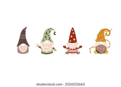 Vector illustration of funny Christmas gnomes, trees, gifts, candles. Set, set of Christmas elements