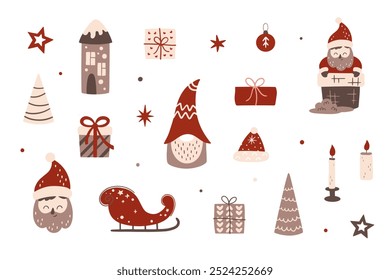 Vector illustration of funny Christmas gnomes, trees, gifts, candles. Set, set of Christmas elements