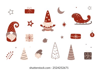 Ilustración vectorial de Navidades divertidas gnomos, árboles, regalos, velas. Conjunto, conjunto de Elementos de Navidades