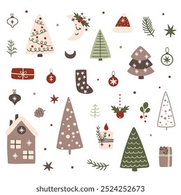 Vector illustration of funny Christmas gnomes, trees, gifts, candles. Set, set of Christmas elements