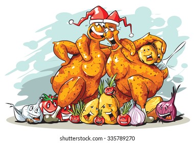 Vector Illustration Of Funny Christmas Roasted Turkeys.