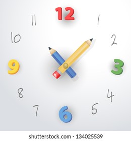 Vector illustration of funny clock with pencils and hand drawn numbers