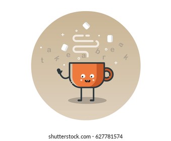 Vector illustration of funny cocoa cup cartoon character, hot chocolate with marshmallow drinks cute icon 