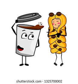 Vector illustration of funny coffee cup and pie