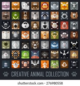 Vector illustration. Funny colorful cartoon animal portrait collection with flat design.