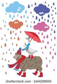 Vector illustration of funny colorful clouds,  cow, sheep with umbrella and rain. Illustration for kids