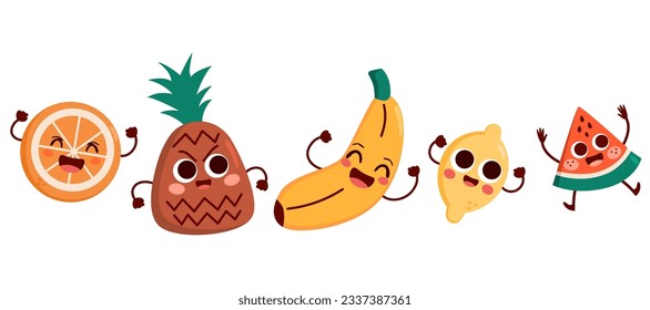 Vector illustration of funny colourful set collection of cute fruits. Eat healthy concept