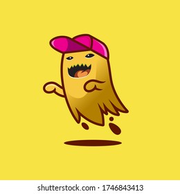 Vector illustration of funny and cool ghost graphics hanging around Halloween night - Isolated on a yellow background, flat design