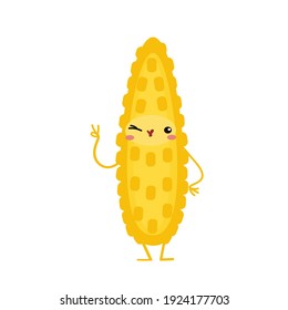 vector illustration with funny corn, various character emotions. cute vegetables icon. cartoon flat style. stickers