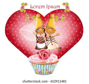 vector illustration with a funny couple of dwarfs made of caramel and chocolate on the cupcake