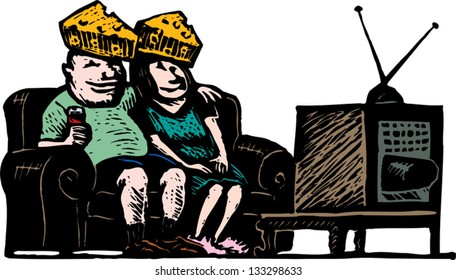 Vector illustration of funny couple watching TV