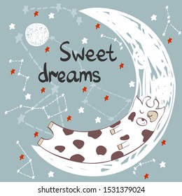 Vector illustration with funny cow and moon. Sweet dreams.