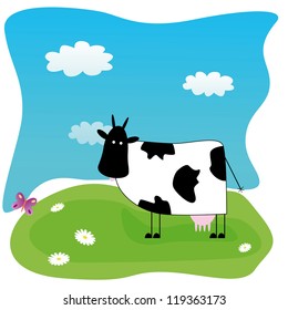Vector illustration with funny cow on the meadow
