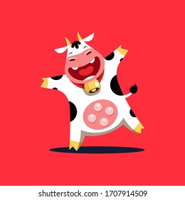 Vector illustration with funny cow who is smiling and dancing