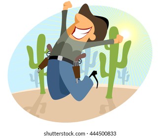 Vector illustration of a funny cowboy jumping