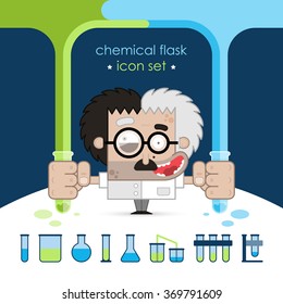 Vector illustration. Funny crazy scientist and a set of chemical icons (flasks). Creative and modern chemical icons for advertising, poster, banner, web and flyer.