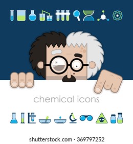 Vector illustration. Funny crazy scientist and a set of chemical icons. White, blue and green color. Creative and modern chemical icons for advertising, poster, banner, web and flyer.