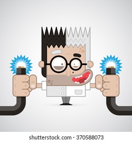 Vector Illustration. Funny Crazy Scientist Holding Two Electric Wires. Creative And Modern Character For Advertising, Poster, Banner, Web And Flyer.