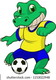 Vector illustration of a funny crocodile football player playing in a soccer ball, on a white background